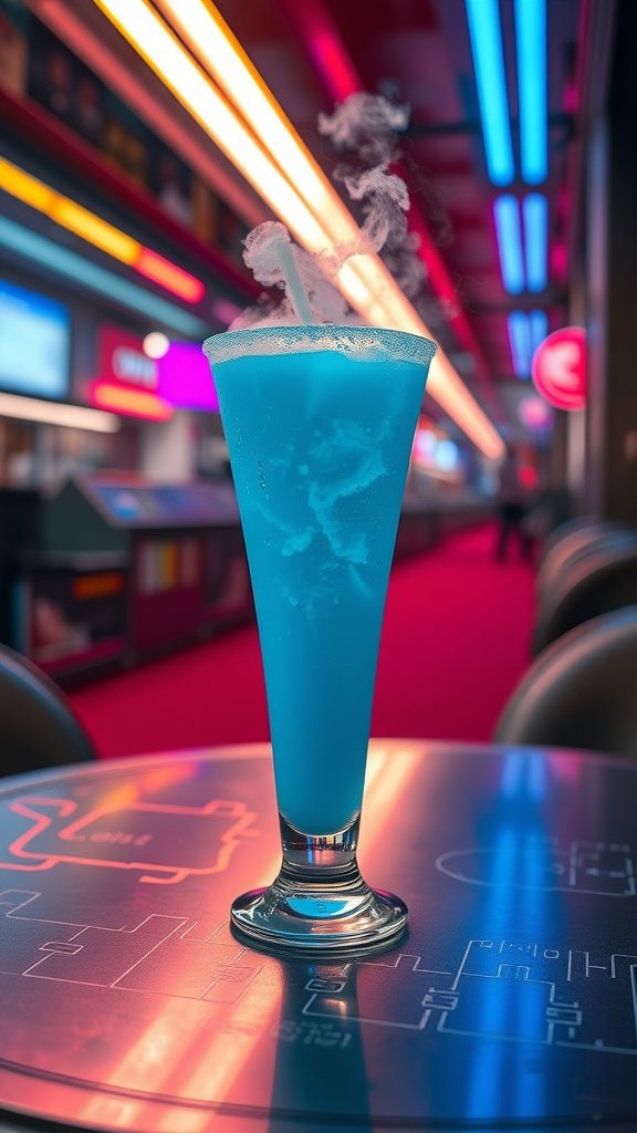 A vibrant blue cocktail in a tall glass with steam rising, evoking a futuristic vibe.