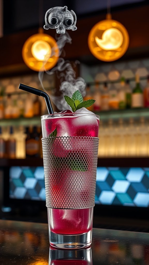 A colorful neon cocktail with berries and mint, served in a sleek glass.