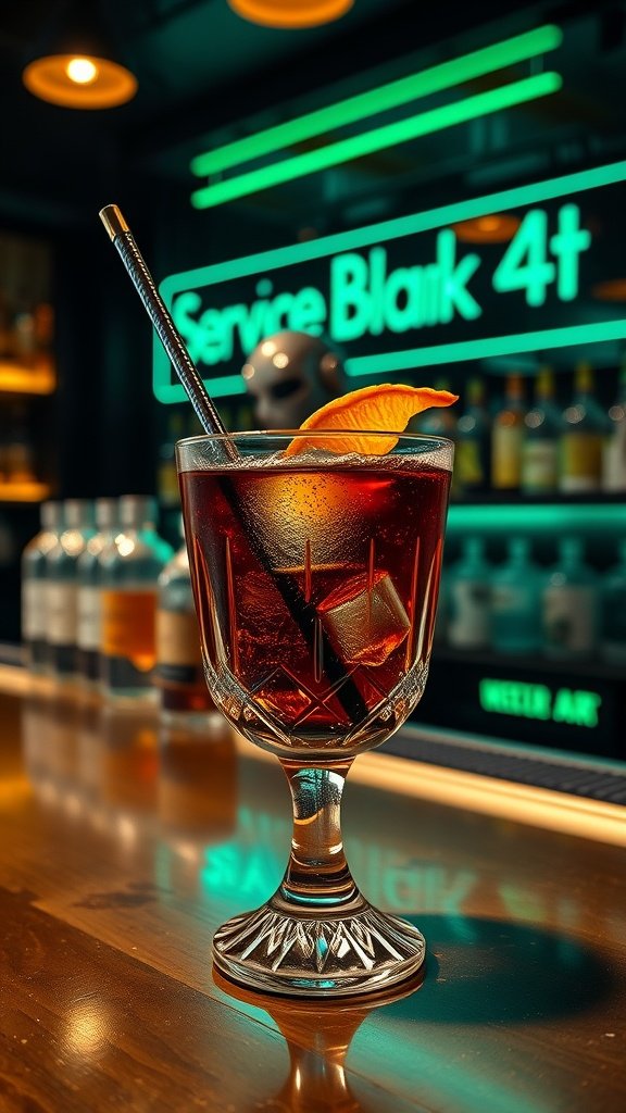 A neon-themed cocktail, the Droid Oil Old Fashioned, garnished with an orange peel.