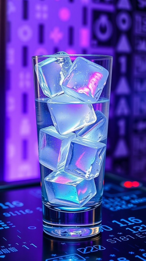 A brightly colored cocktail with ice cubes and neon hues.