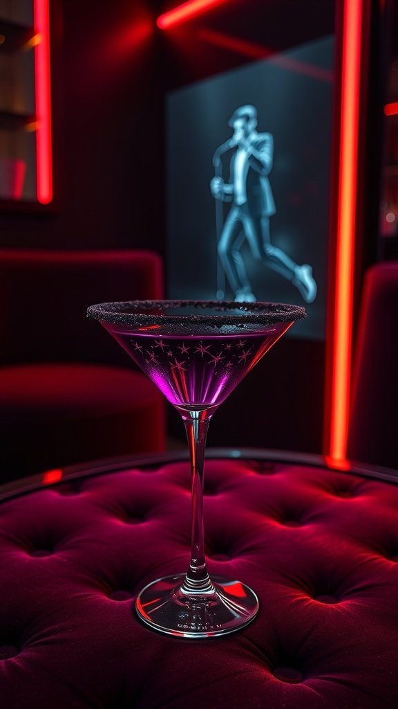 A vibrant neon cocktail displayed elegantly in a martini glass.