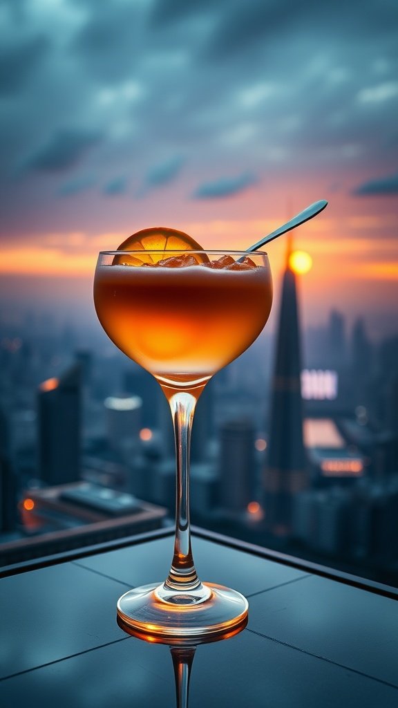 A vibrant neon cocktail featuring orange and red hues, garnished with an orange slice.