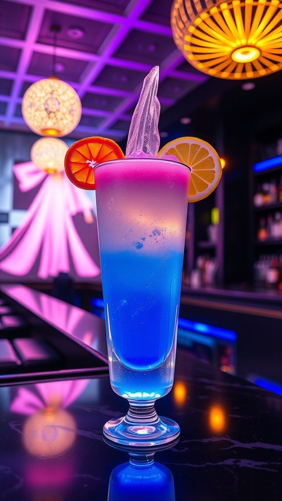 A vibrant cocktail with layers of blue and pink, garnished with fruit slices.