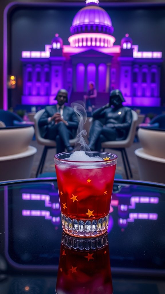 A vibrant, neon cocktail in a glass, garnished with star-shaped citrus.
