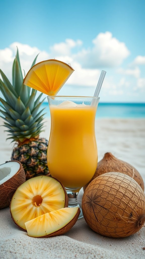 A refreshing Fruity Piña Colada cocktail garnished with a pineapple slice and surrounded by fresh fruits.