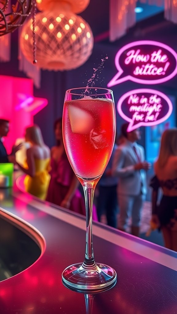 A vibrant neon cocktail served in a tall glass, garnished with fresh raspberries and mint, capturing the lively essence of a night out.