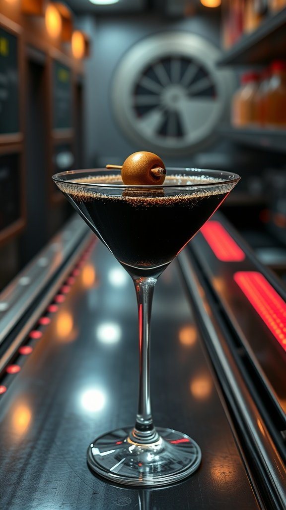A stylish dark cocktail in a martini glass, garnished with a golden olive.