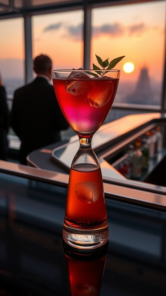 A vibrant cocktail with a layered look, garnished with mint and blackberries.