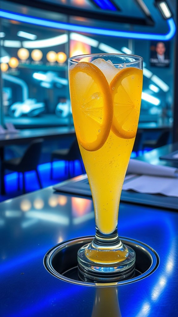 A vibrant yellow cocktail garnished with lemon slices, served in a tall glass.