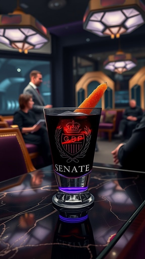 A stylish Negroni Noir cocktail served in an elegant glass, garnished with an orange peel.