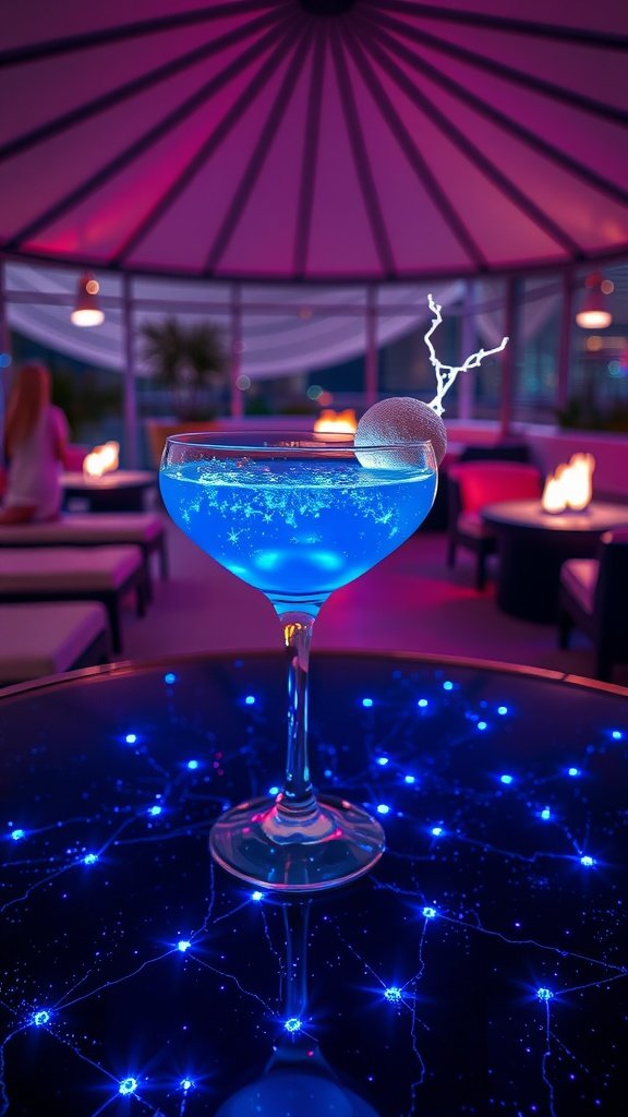 A vibrant neon blue cocktail resembling the Plasma Drift from Coruscant, served in a stylish glass.