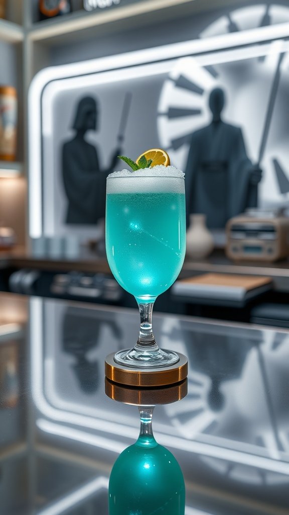 A refreshing blue cocktail garnished with a mint leaf and lemon slice, served in a glass.