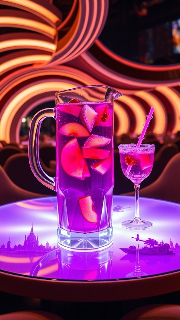Colorful sangria in a stylish glass pitcher with fruit slices