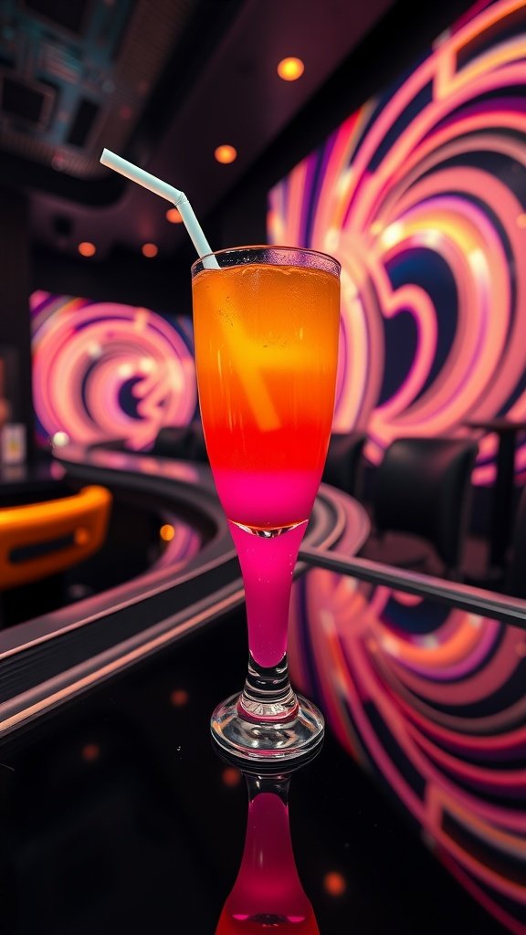 A vibrant neon cocktail with layers of orange and pink, served in a tall glass with a straw.