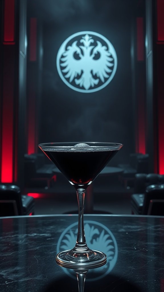 A dark cocktail in a martini glass, set against a moody, futuristic backdrop.