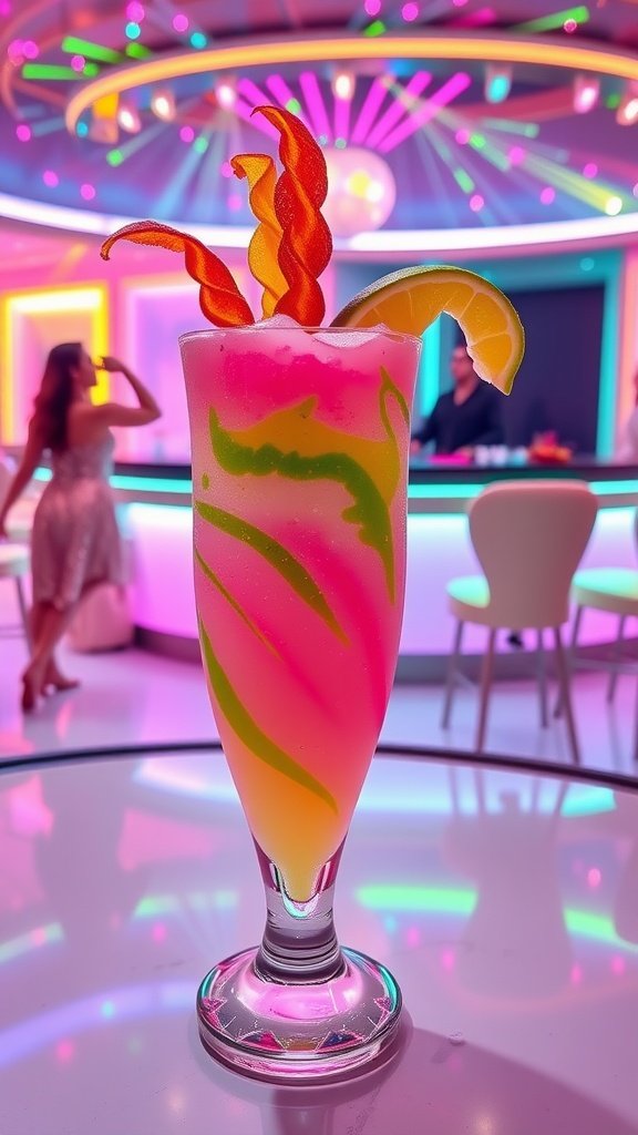 A colorful cocktail in a tall glass with fruit garnish, representing a vibrant nightlife scene.