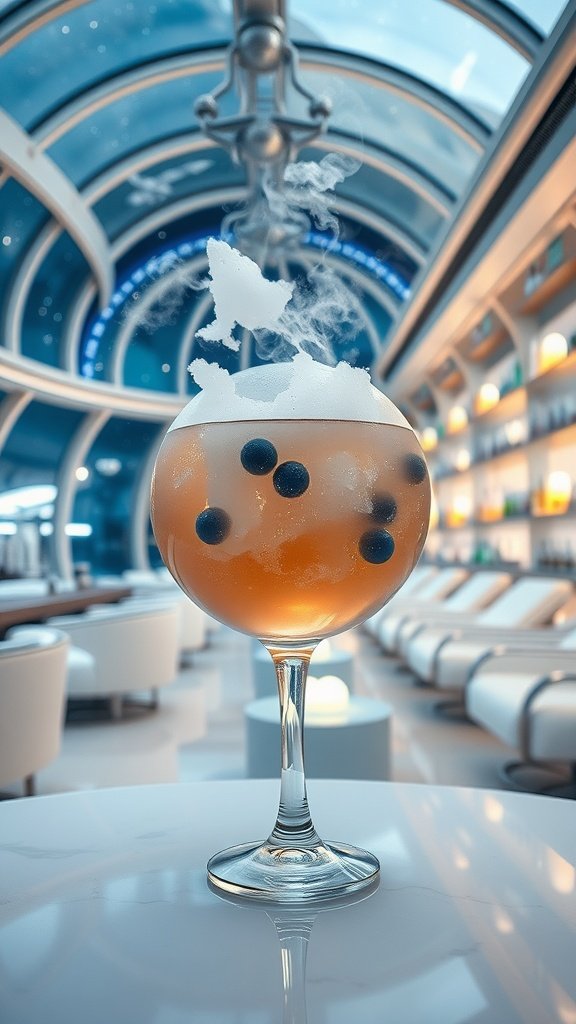 A colorful neon cocktail with blueberries and frothy top, set in a futuristic lounge.