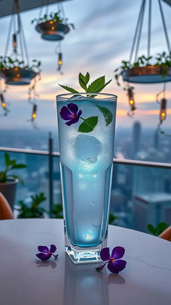 A vibrant Crystal Moon Calamansi Cooler cocktail garnished with mint and edible flowers.