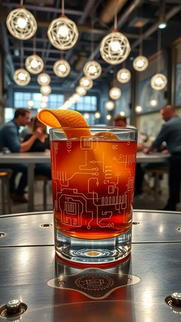 A vibrant, neon cocktail garnished with an orange twist, sitting on a sleek table.