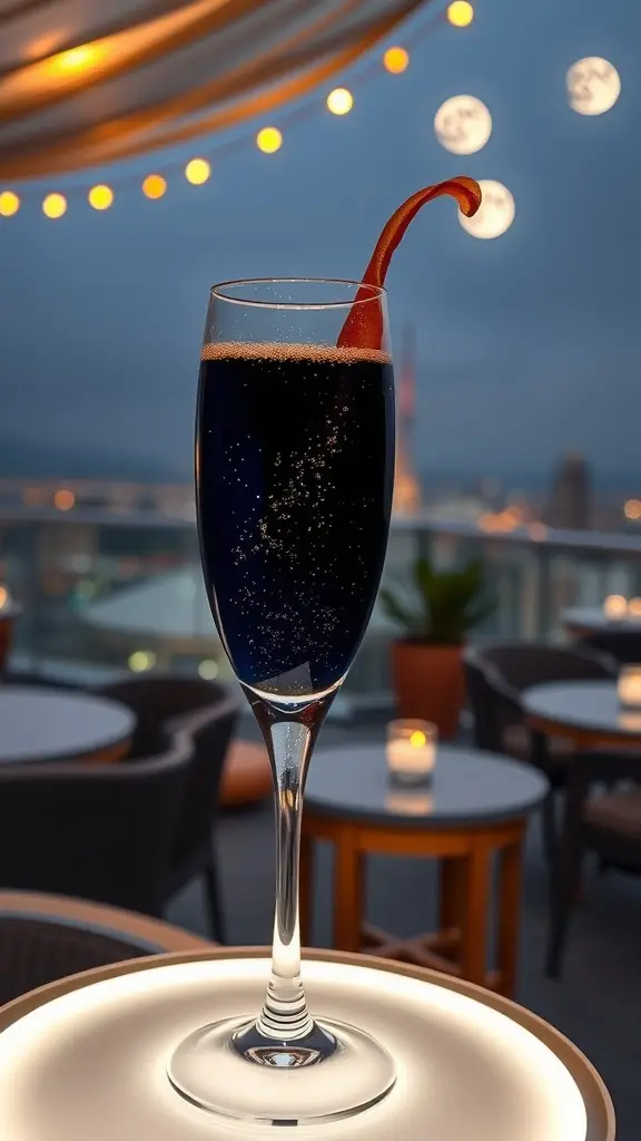 A glamorous cocktail in a flute glass with an orange twist garnish against a starry background.
