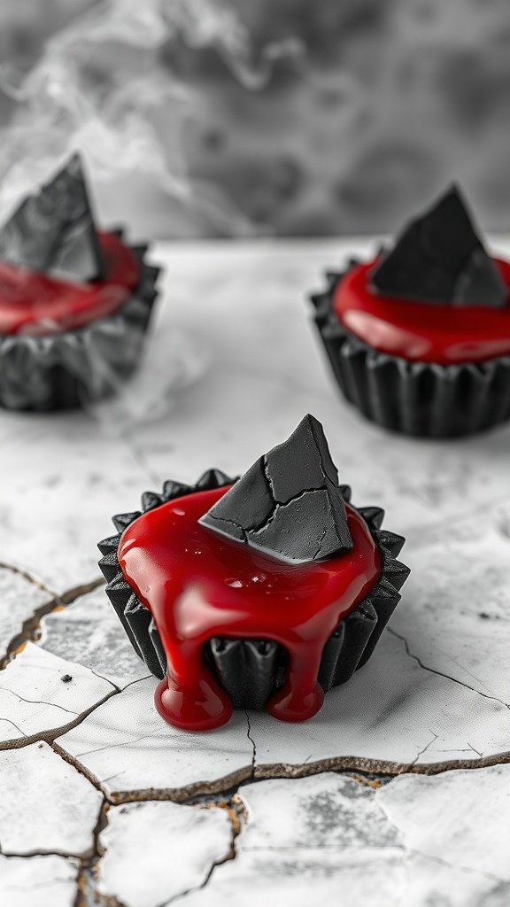 Licorice Lava Tarts with a red drizzle and chocolate shards on top