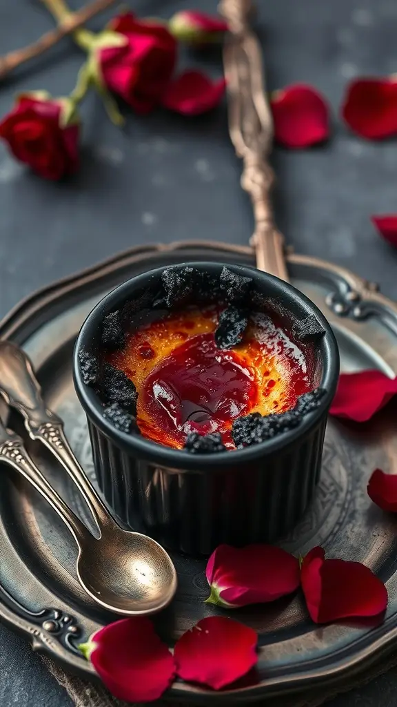 A dessert featuring a burnt sugar crust with red berry coulis, served in a black ramekin.