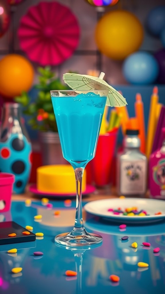 A bright blue cocktail in a glass with an umbrella, garnished with a cherry.