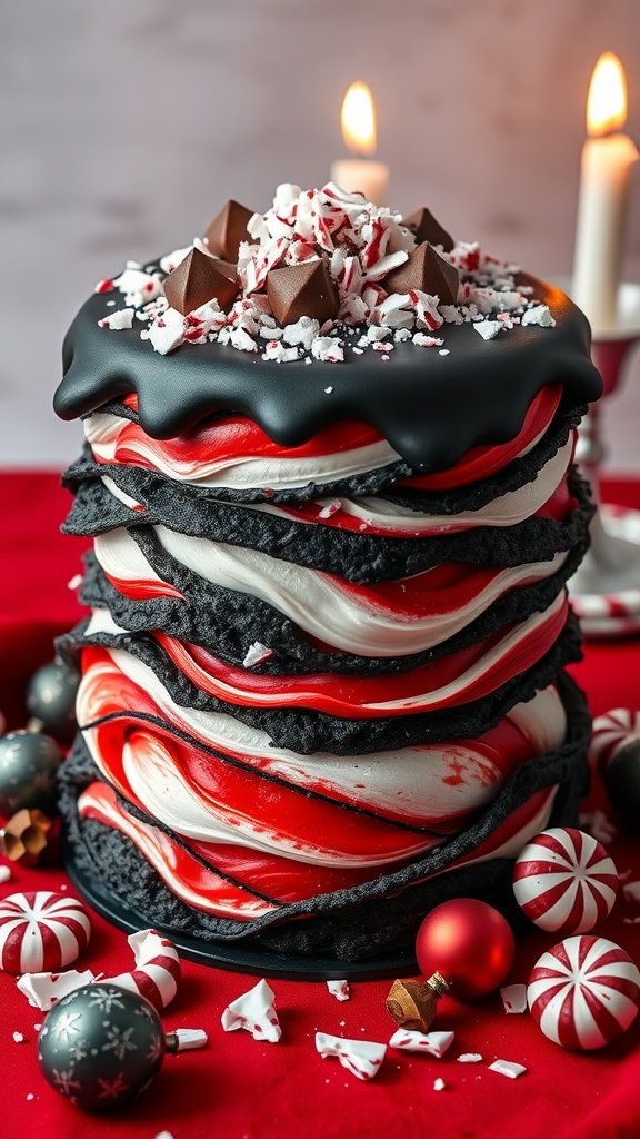 A festive dessert showcasing layers of pastry and peppermint cream, garnished with candy canes.