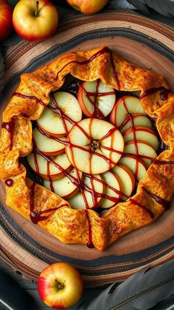 A rustic apple galette with a caramel drizzle