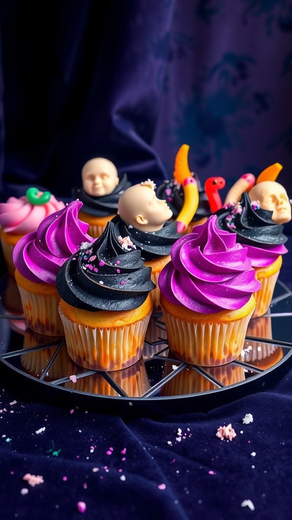 Colorful and whimsical cupcakes with black and purple frosting, topped with fun decorations.