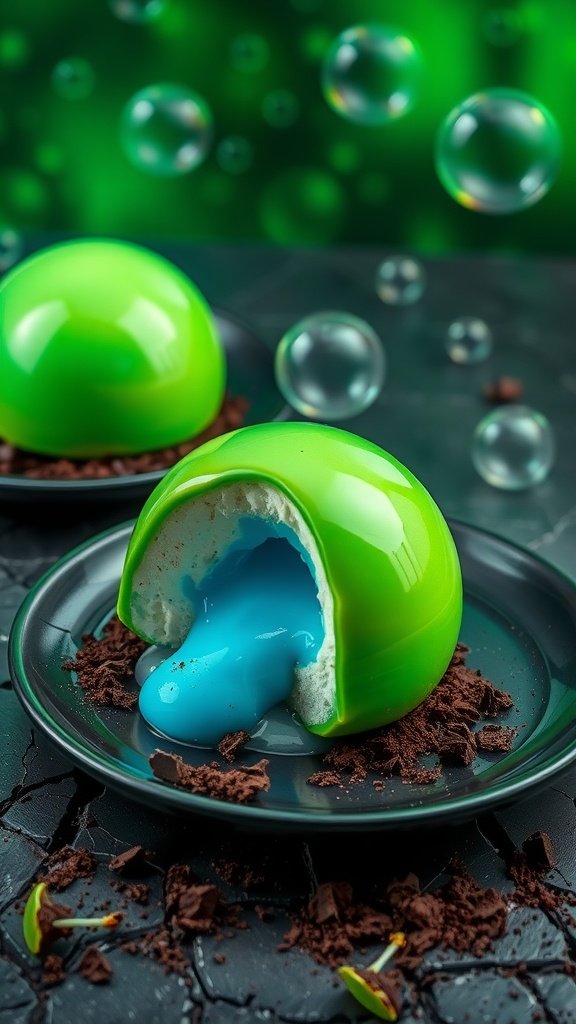 Ectoplasm Mousse Bombs with a vibrant green exterior and blue mousse filling.