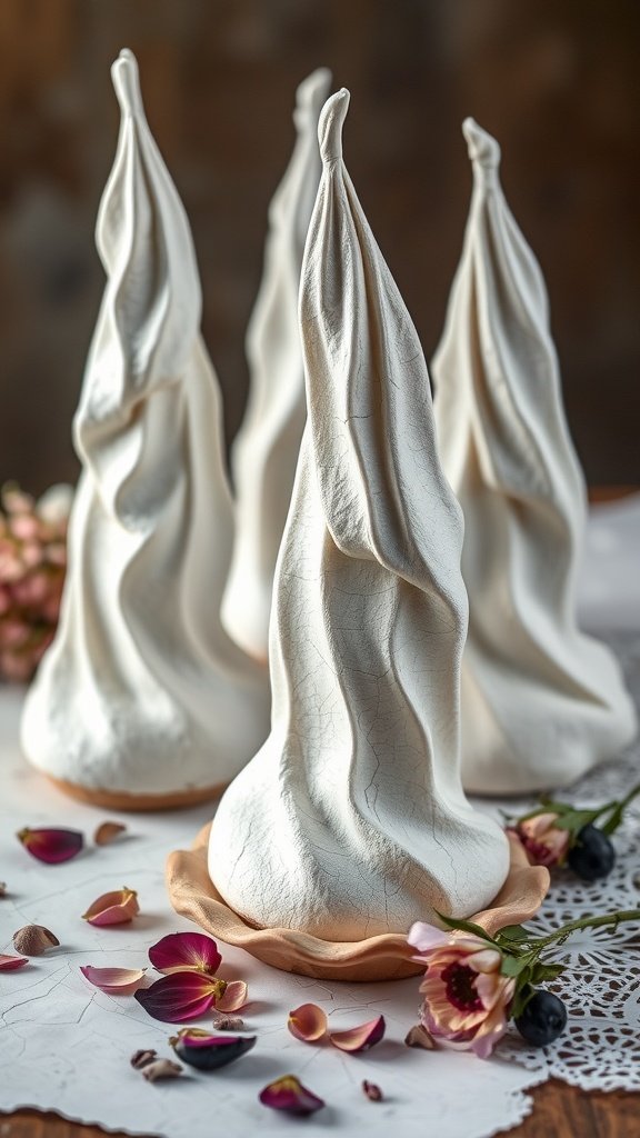 Delicious meringue cookies shaped like twisted peaks, surrounded by flower petals.