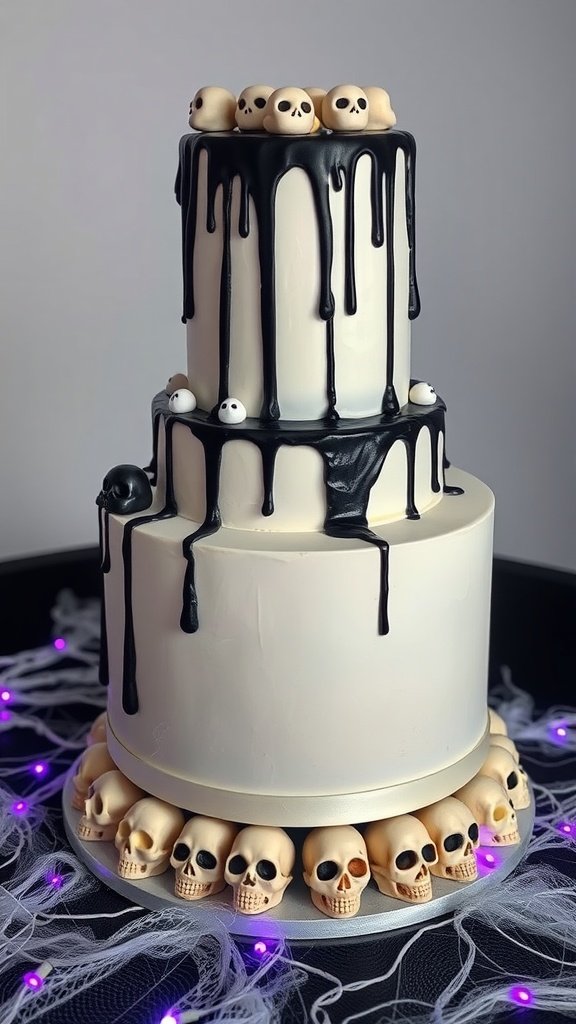A two-tier cake with black licorice glaze and decorated with skulls for a spooky treat.