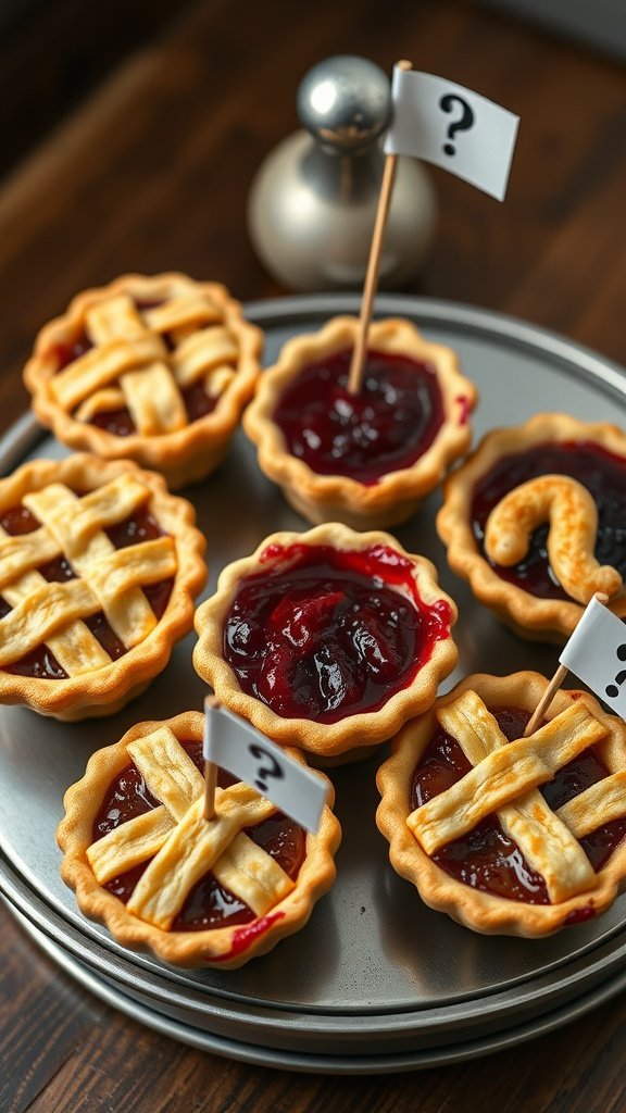 Mini raspberry pies with lattice crusts on a silver platter