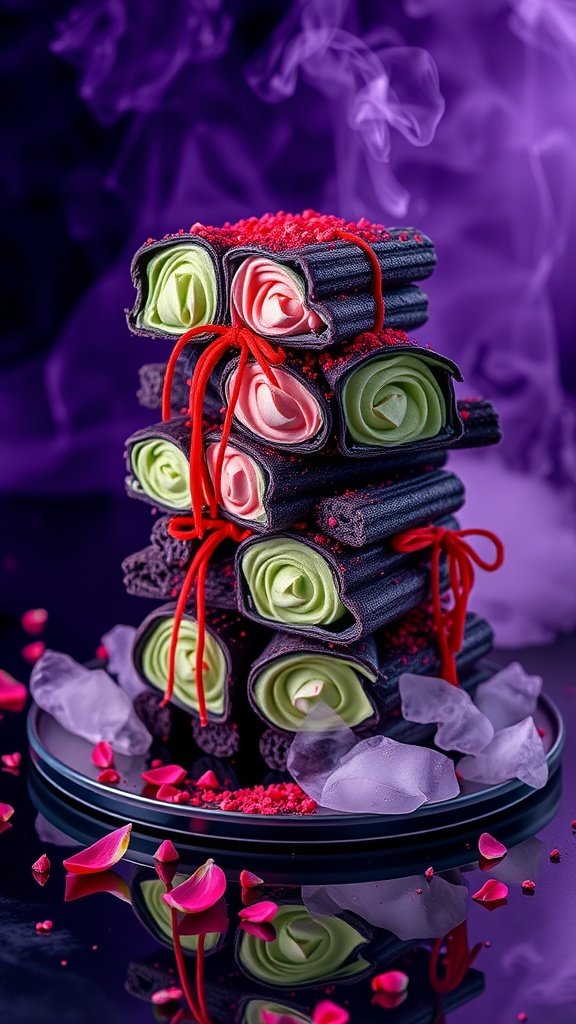 A whimsical stack of colorful churro creations with various fillings and toppings, set against a dark background.