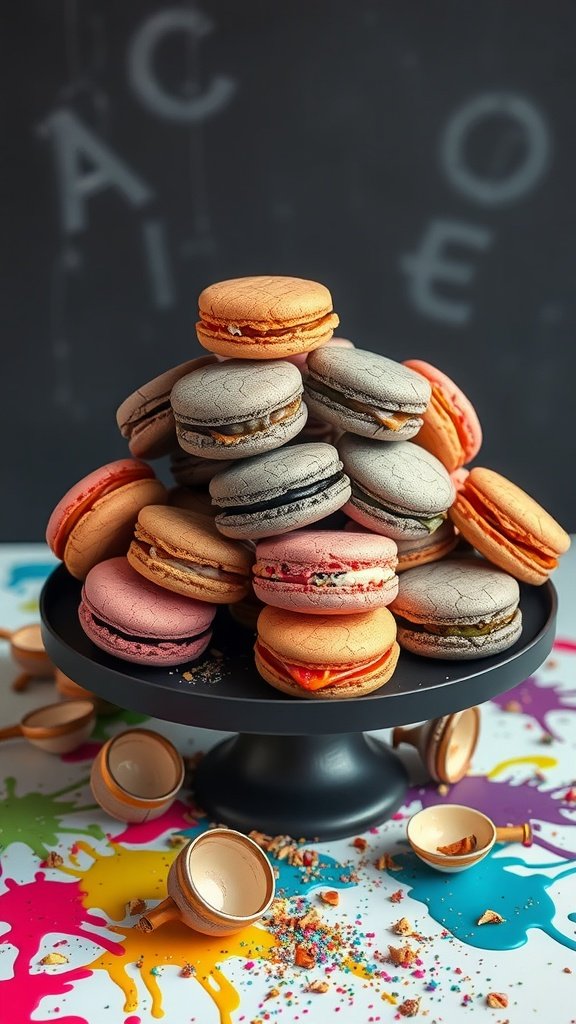 Colorful assortment of macarons on a cake stand