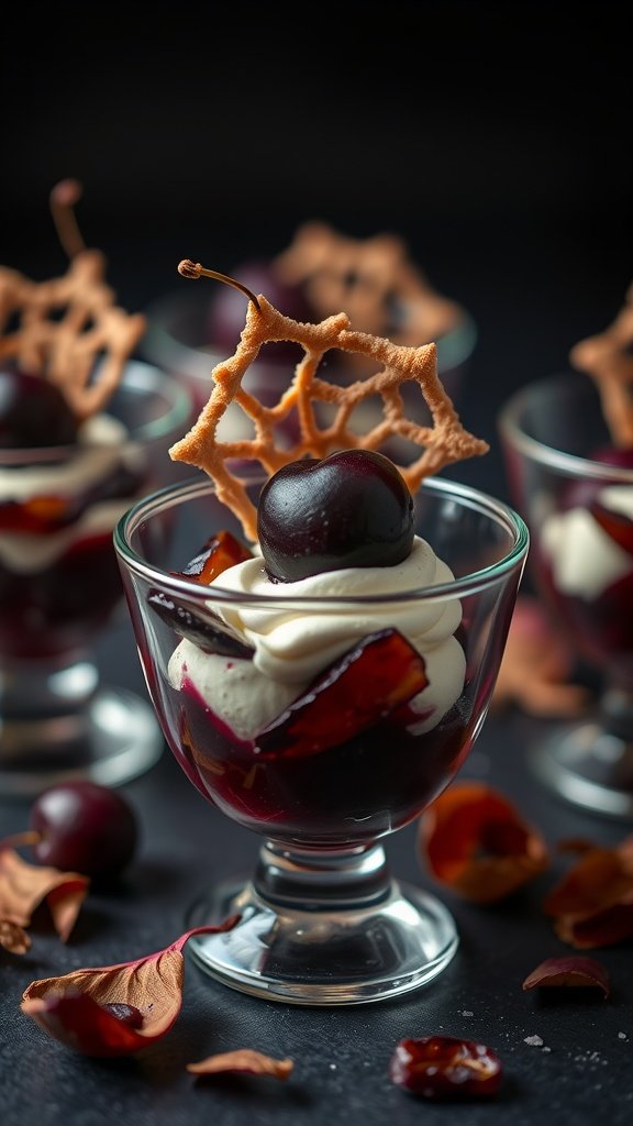 A dessert made with whipped cream and plum puree, garnished with a decorative cookie and cherries.