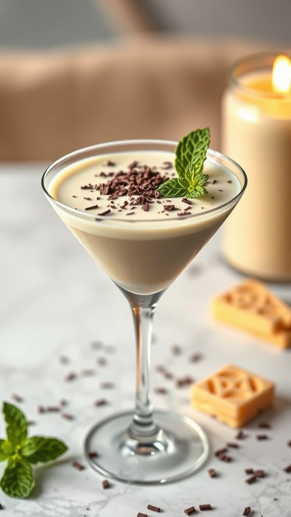 A creamy grasshopper cocktail garnished with chocolate shavings and mint leaves.