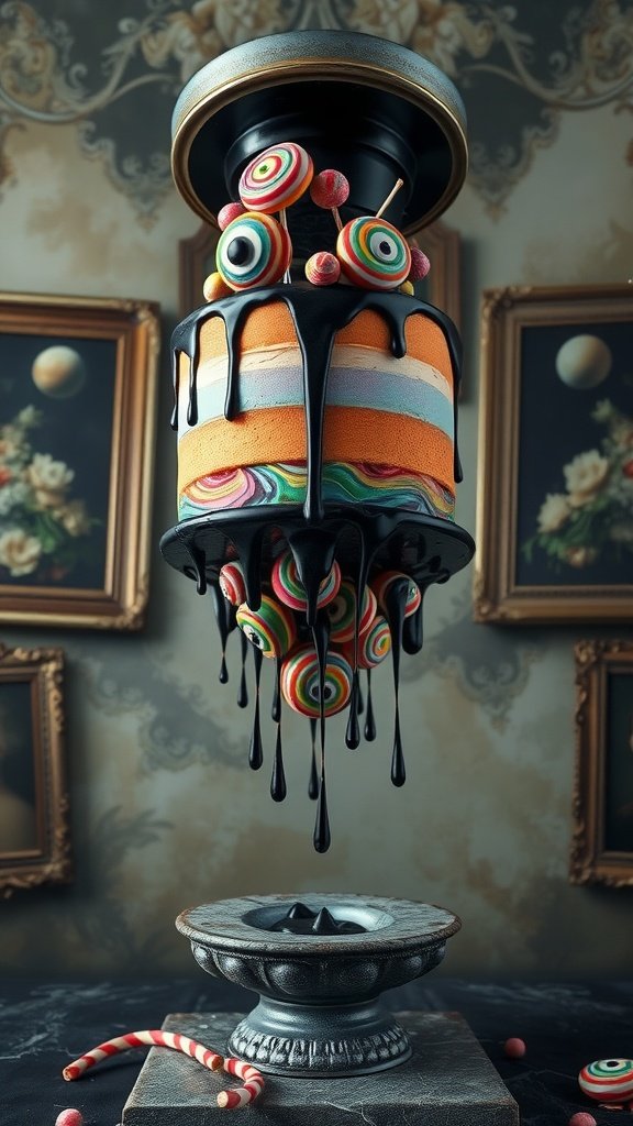 A tall, colorful cake with a glossy black glaze and candy toppings, creating a chaotic dessert theme.