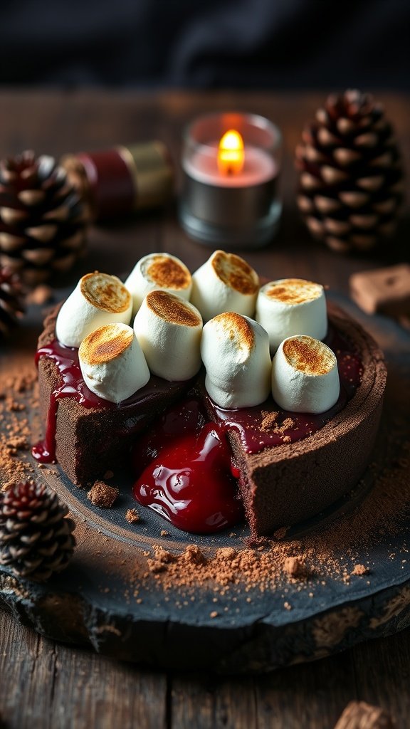 A delicious S'mores crostata with toasted marshmallows, chocolate crust, and cherry filling.