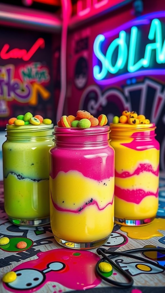 Colorful pudding jars layered with different flavors and topped with Sour Patch Kids and sprinkles.