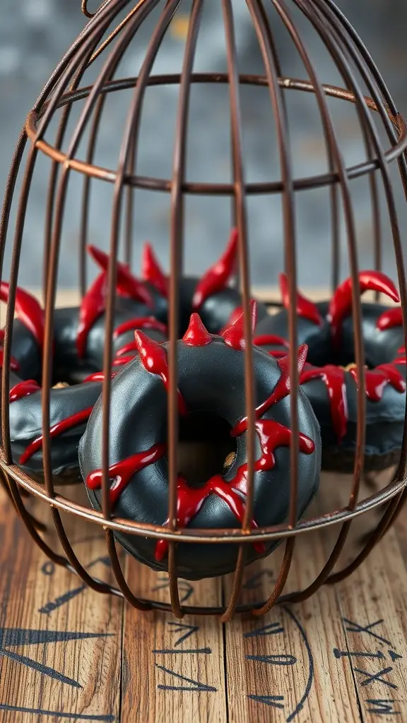 Dark and spooky demon claw donuts with red icing decoration
