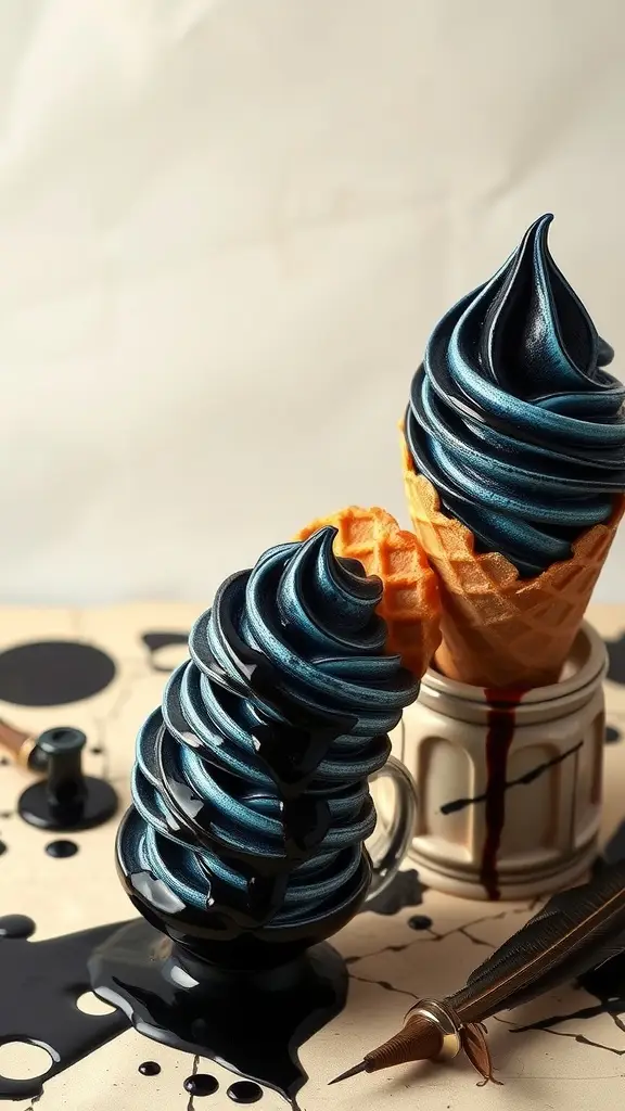 Dark and whimsical ice cream in cones with a mysterious touch.