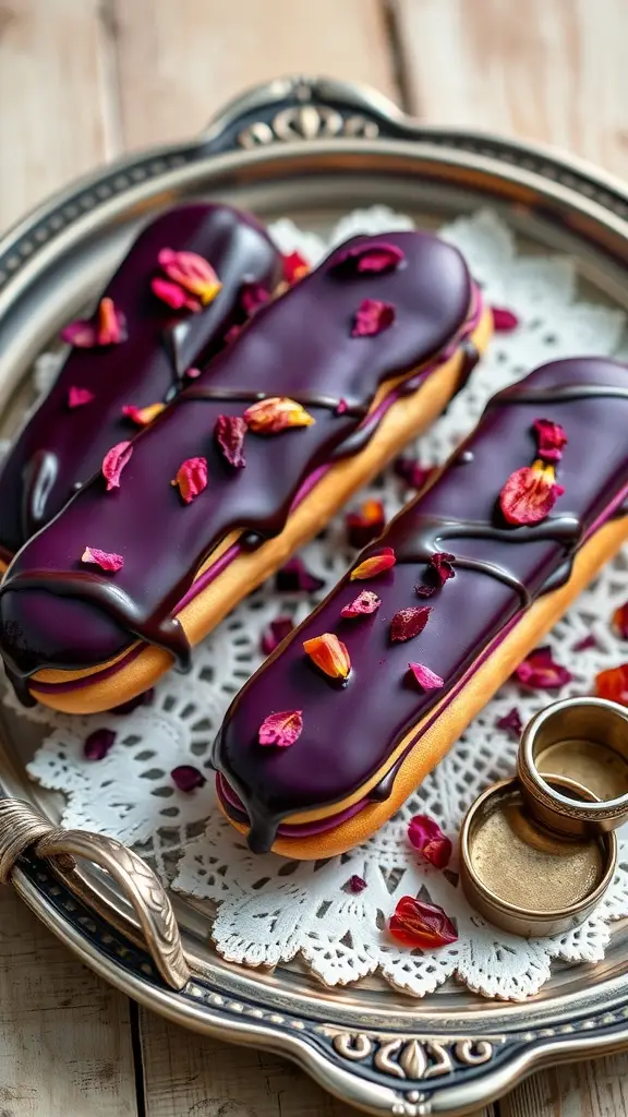 A plate of Witch’s Kiss Éclairs with dark chocolate ganache and rose petals.