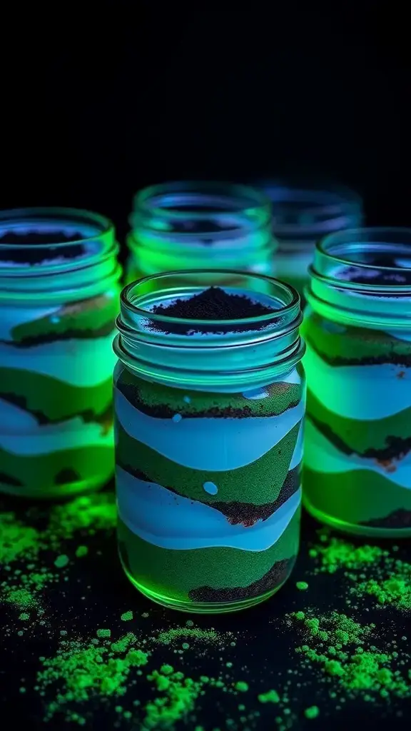 A vibrant gelatin dessert resembling a terrarium with gummy worms and fruit.