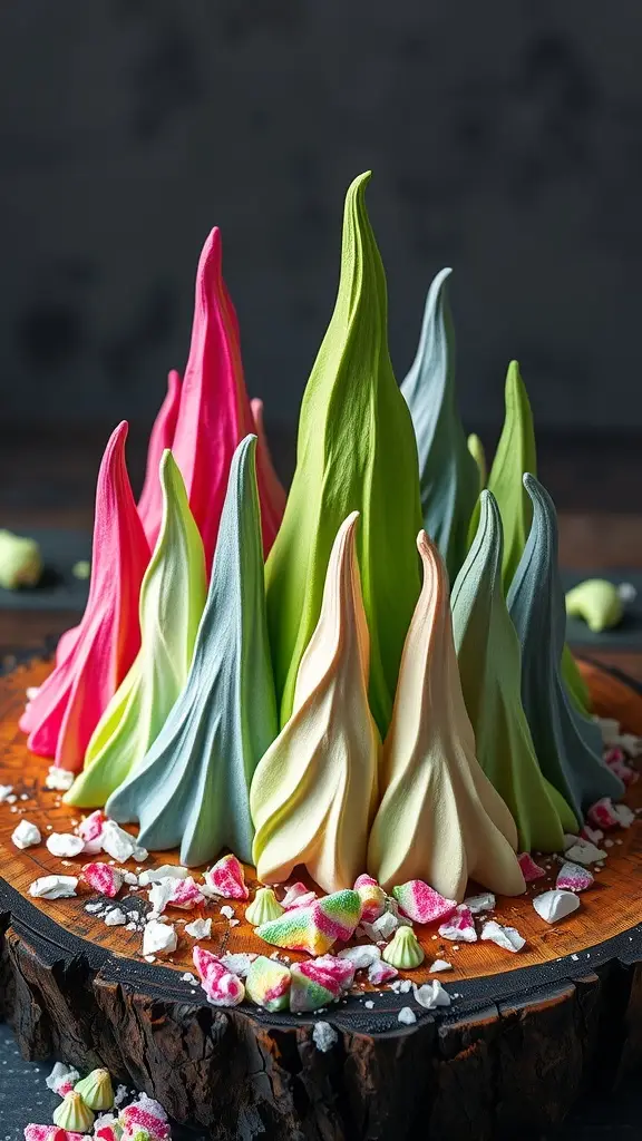 Colorful meringue spires arranged on a wooden board with crushed candies around them