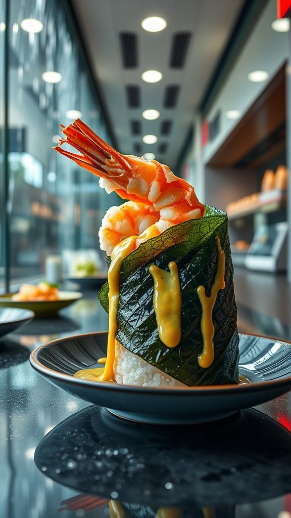 Kamino Shrimp Tempura Rolls with shrimp, rice, and sauce