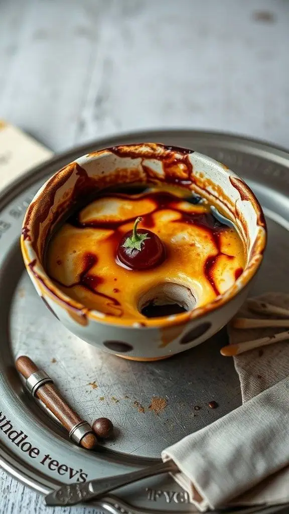 A bowl of Chaos Crème Brûlée with a caramelized top and a cherry on top.
