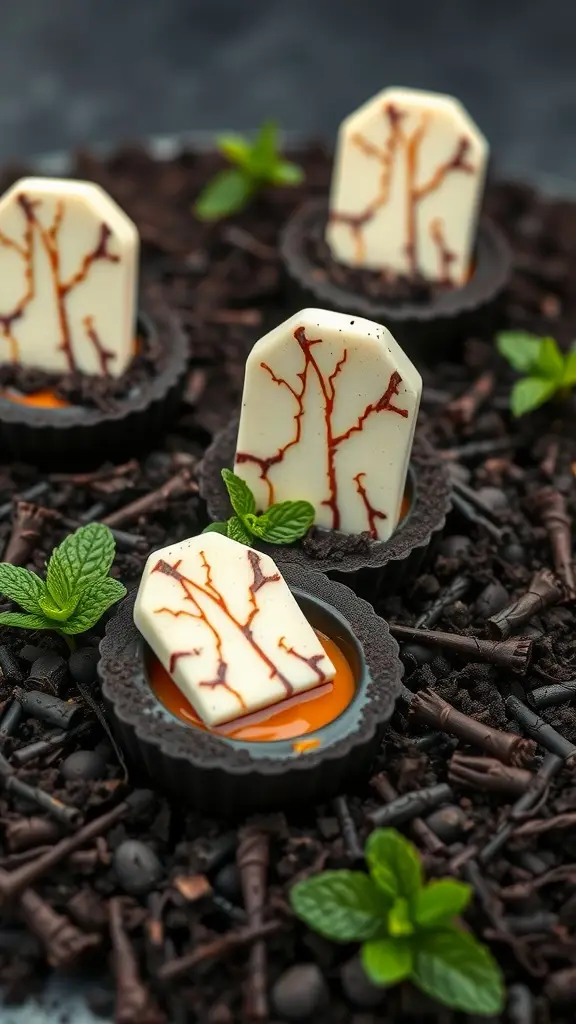 Graveyard-themed chocolate ganache tarts with gravestone decorations
