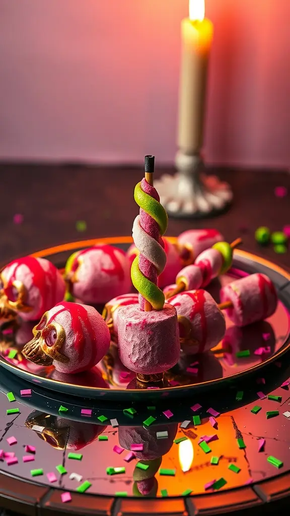 Colorful Marshmallow Skewers on a plate, adorned with candy and sprinkles.